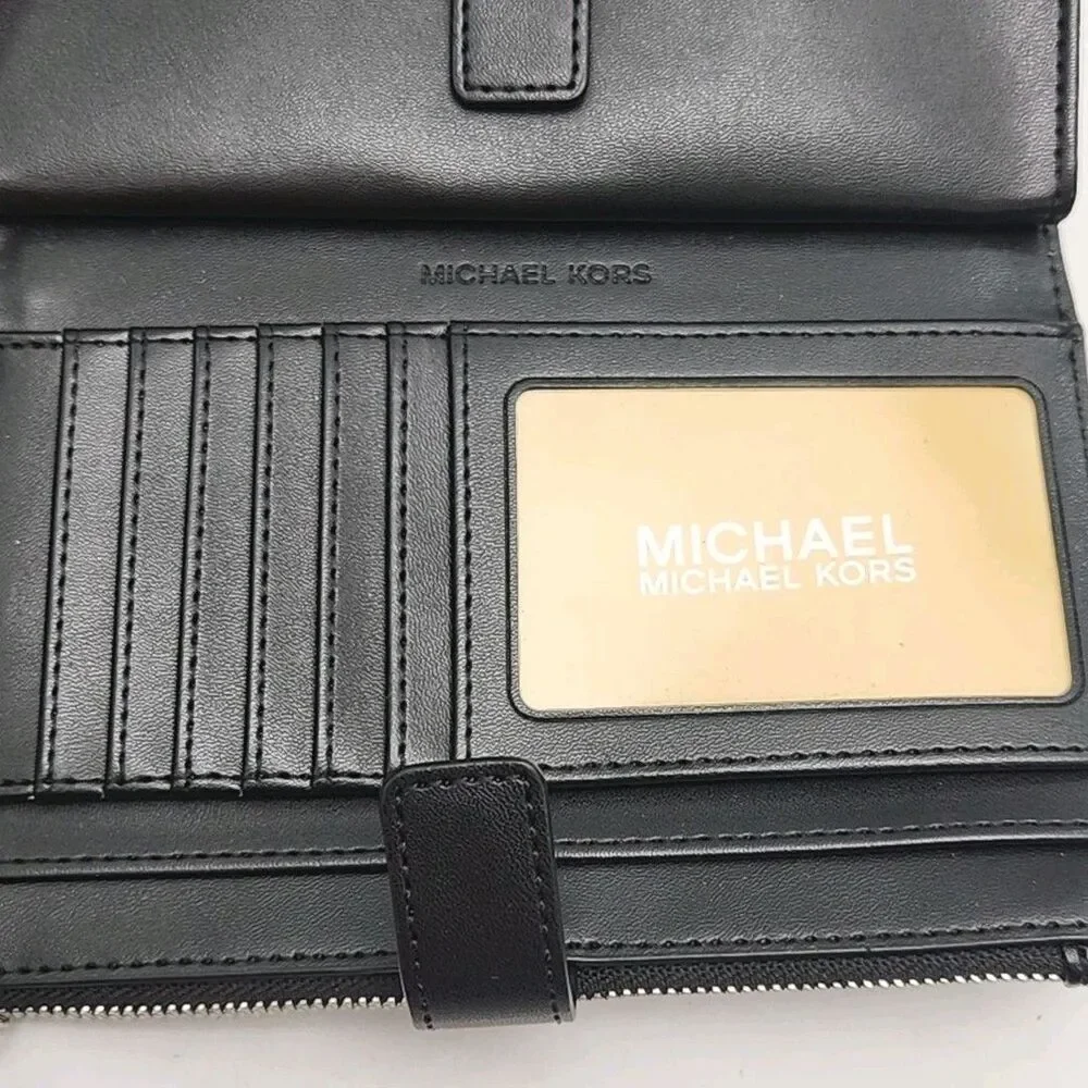 Michael Kors Wristlet Wallet Phone Black Silver Jet Set Double Zip 7.25x4.5